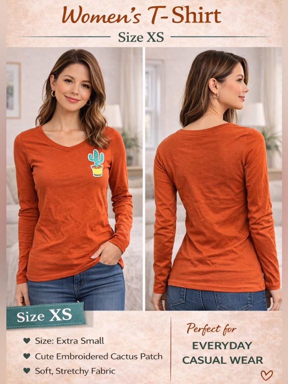 Rust Orange Long Sleeve Tee with Cactus Patch XS
